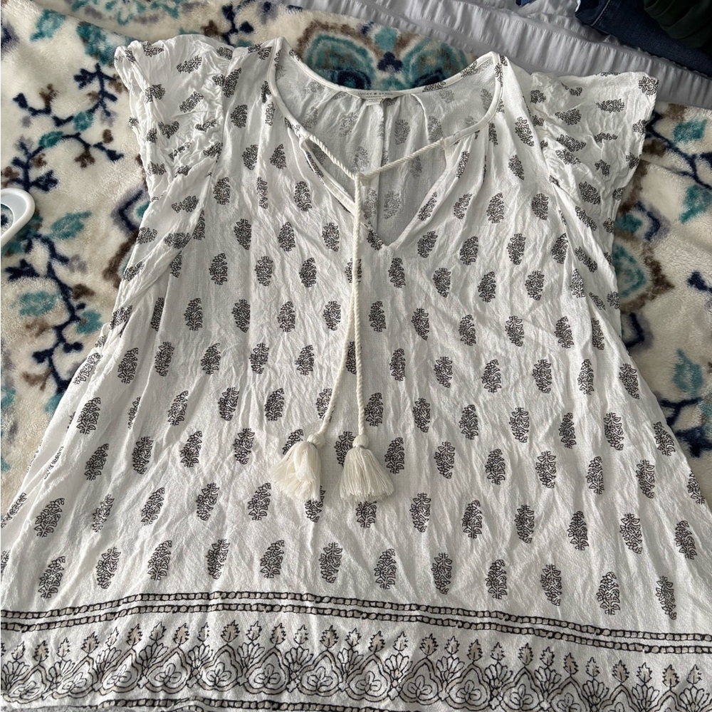 Lucky Brand White Tassel Tie Printed Peasant Top